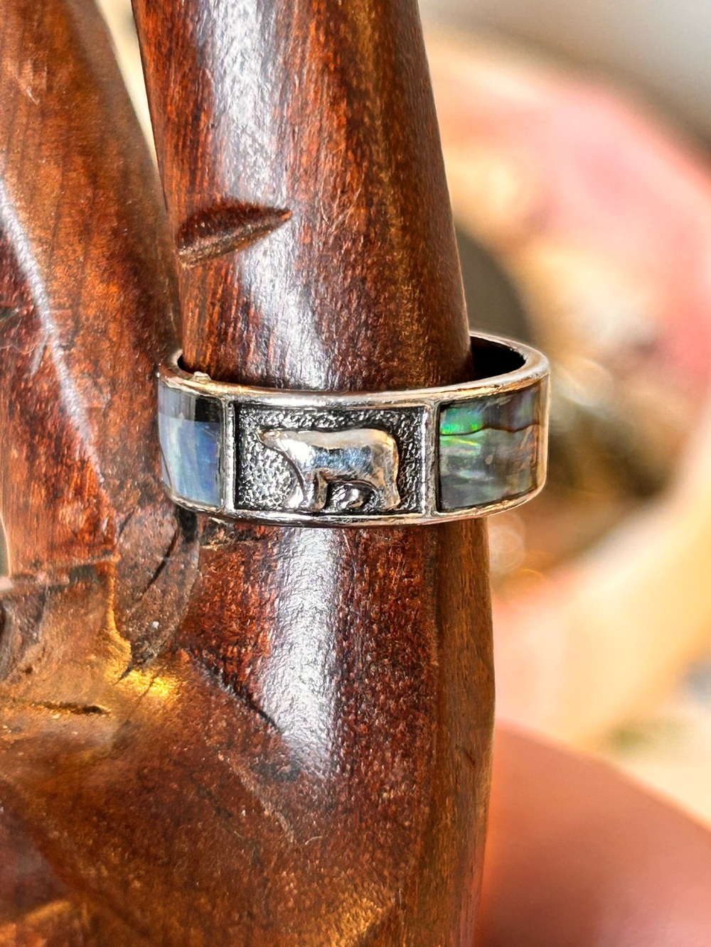 Artisan Bear Inlay Ring with Iridescent Abalone, Size 9